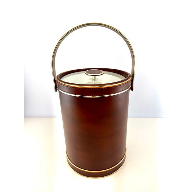 Vintage Mid Century Brown Leatherette & Gold Ice Bucket Barware Set With Tools For Sale - Image 9 of 14