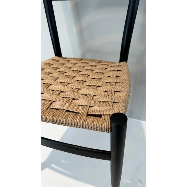 Gio Ponti Set of Six Italian Gio Ponti Style Black Wood Ladder Back Dining Chairs With Danish Cord Woven Seats For Sale - Image 4 of 9