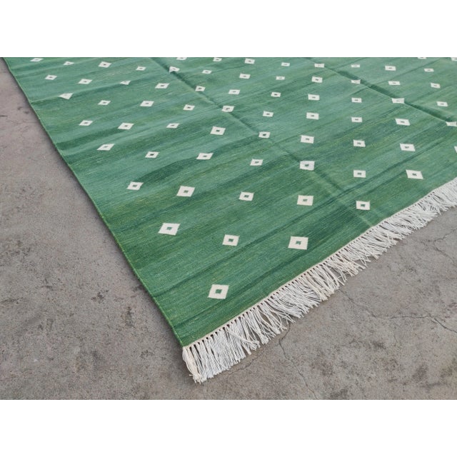 Mid-Century Modern Handmade Cotton Rug, Forest Green with White Diamonds and Cream Fringe - 9'x12' For Sale - Image 3 of 10