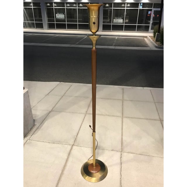 Mid-Century Modern Danish Modern Walnut & Brass Torchiere Floor Lamp Manner of Gerald Thurston for Lightolier For Sale - Image 3 of 13