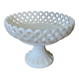 Large Vintage Mid Century White Milk Glass Reticulated Pedestal Compote Fruit Bowl 9.5" For Sale