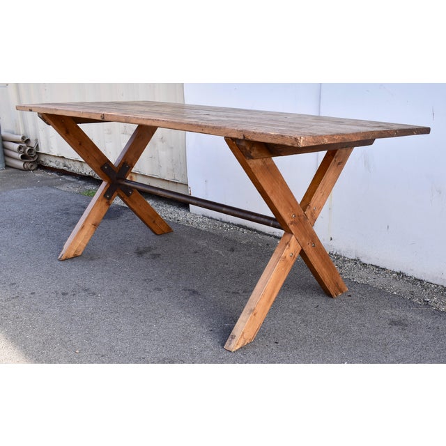Wood Pine and Steel "X" Base Trestle Table For Sale - Image 7 of 12