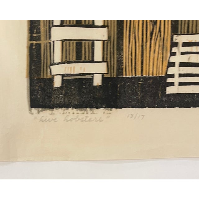 David Stearns (1935-1920) "Live Lobsters" color woodblock print on thin paper. Pencil signed, dated 1958, titled and...