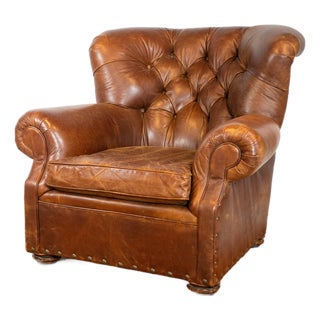 Restoration Hardware Churchill Cigar Leather Luxe Writer's Chair For Sale