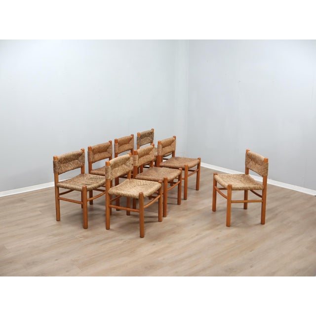 Vintage Chairs in Woven Straw and Wood by Charlotte Perriand, 1960s, Set of 8 For Sale - Image 17 of 17