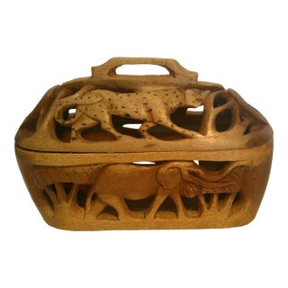 Vintage Carved Wood Box With Lid Hand Carved African Safari Animals as Is / Read For Sale