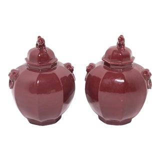 Pair of Chinese Oxblood Red Ginger Jars With Shizi For Sale