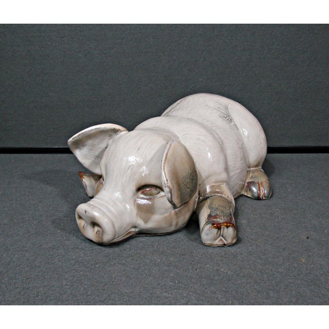 French Country Vintage Large Glazed Sleeping Pig Pottery Figurine, White, 12” For Sale - Image 3 of 7