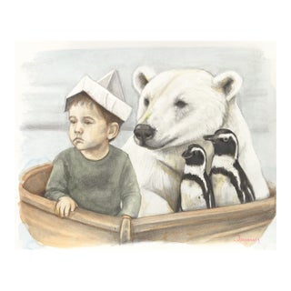 Life Wasn't a Novel - Original Child and Polar Bear Surrealist Watercolor and Graphite Painting For Sale
