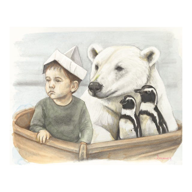 Life Wasn't a Novel - Original Child and Polar Bear Surrealist Watercolor and Graphite Painting For Sale