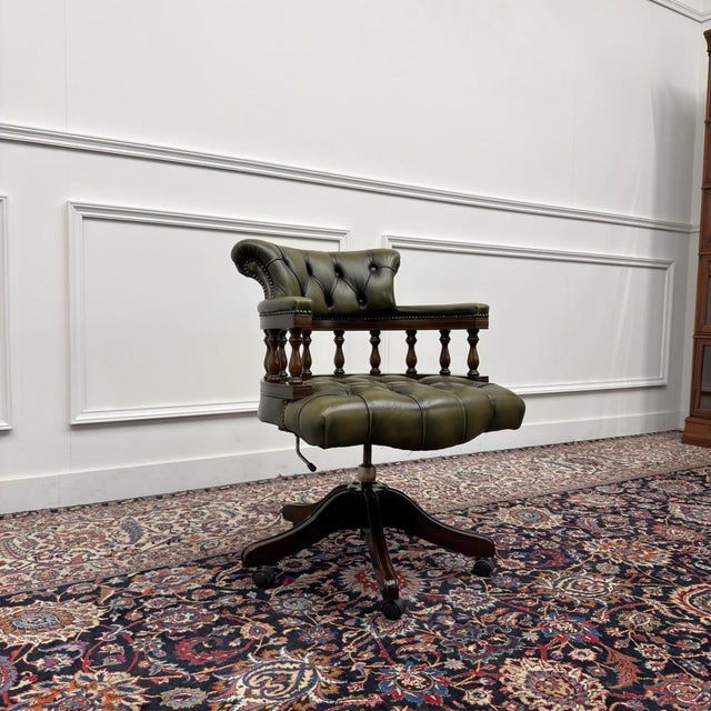 Wood Chesterfield Desk Chair in Green Leather For Sale - Image 7 of 8