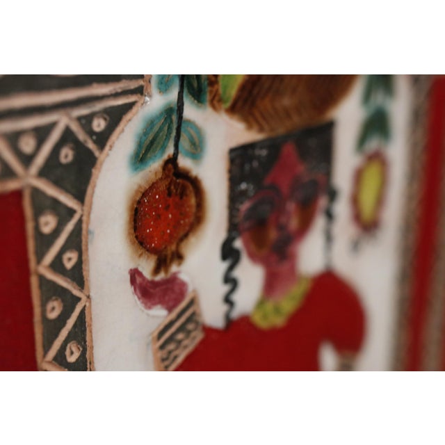 Awret Original Painted Ceramic Relief Tile Depicting Woman With Basket of Fruit, Signed and Framed For Sale - Image 13 of 17