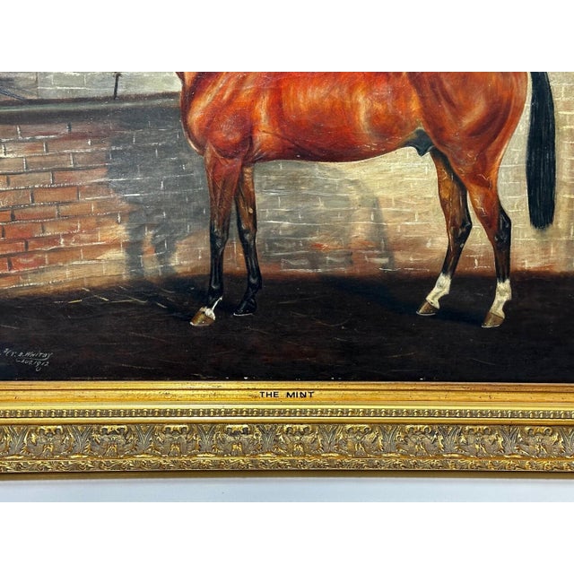 Chestnut British Antique Oil Painting in the Manner of Sir Alfred Munnings C1912 Equine Portrait the Mint Chestnut Thoroughbred Stallion in Stable For Sale - Image 8 of 18