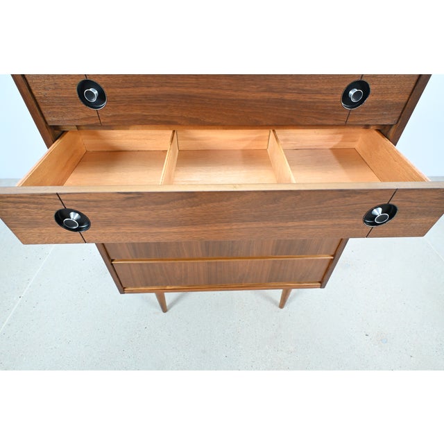 Stanley Furniture Walnut 5-Drawer Mid-Century Modern Highboy | Newly Refinished For Sale - Image 9 of 12