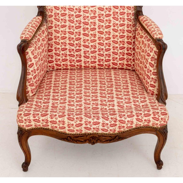 Pair of Louis XV Style Red and White Fabric Upholstered Walnut Bergeres For Sale - Image 9 of 13