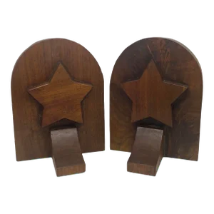 Mid 20th Century Rustic Handcrafted Mahogany Bookends With Star Motif - A Pair