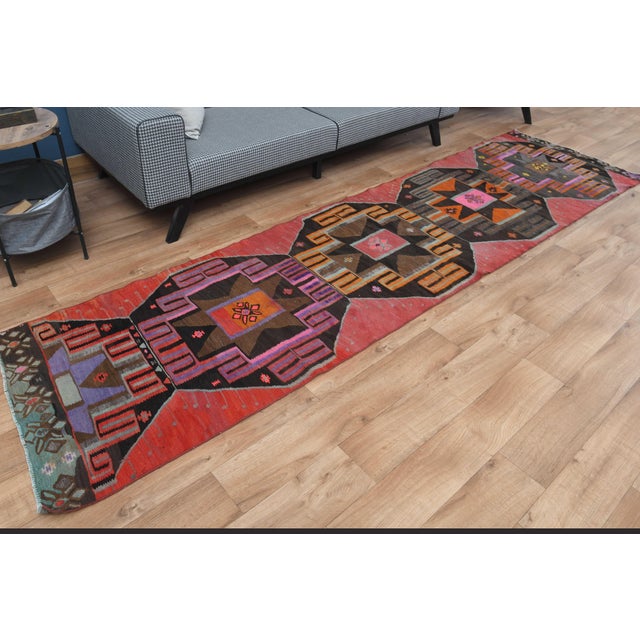 1970s Vintage Handmade Wool Cotton Red Runner Rug For Sale - Image 4 of 11