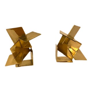 Vintage 20th Century Brutalist Sculptural Brass Bookends - a Pair For Sale