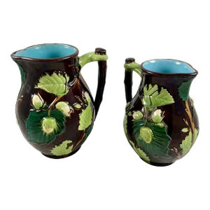 English Minton Aesthetic Movement Majolica Nut, Leaf & Vine Pitchers, a Pair