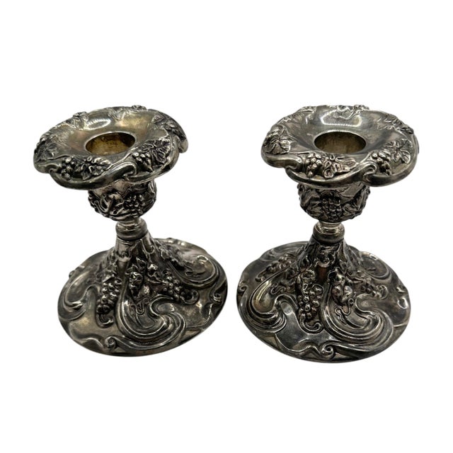 Mid-Century Modern Vintage Godinger Silver-Plate Candlesticks With Boroque Grape and Scroll Design - A Pair For Sale - Image 3 of 12