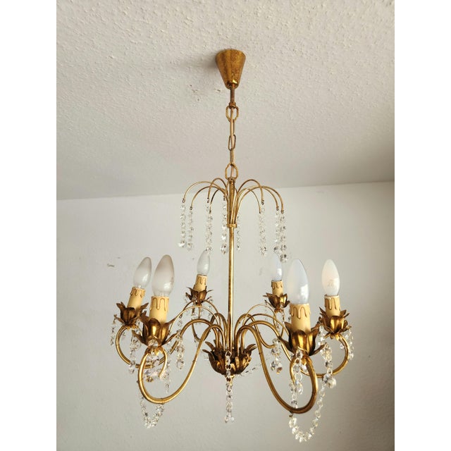 Vintage Hollywood-Regency Gold-Plated Cascade 6-Light Waterfall Chandelier with Crystal Pendants, 1960s For Sale - Image 11 of 18
