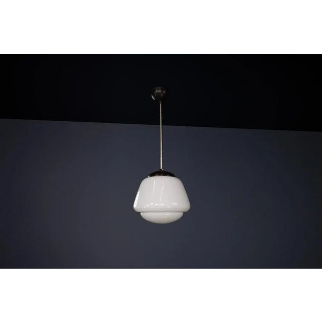 Bauhaus Bauhaus Opaline and Bakelite Pendant Lamp, Czech Republic, 1950s For Sale - Image 3 of 9