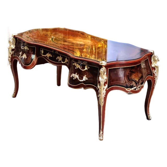 French Rococo Executive Desk – Large Brown Desk With Glass Top, 5 Drawers, Gold Leaf & Bronze Details For Sale