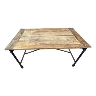 Vintage Solid Elm Wood and Cast-Iron Table From Retired Restoration Hardware Collection For Sale