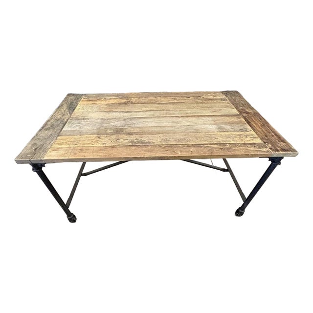 Vintage Solid Elm Wood and Cast-Iron Table From Retired Restoration Hardware Collection For Sale