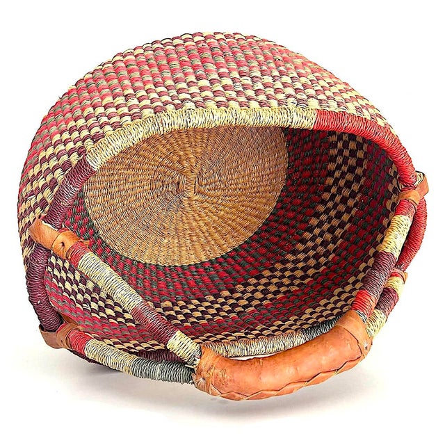 Textile African Bolga Grass Market Basket With Leather Handles For Sale - Image 7 of 8