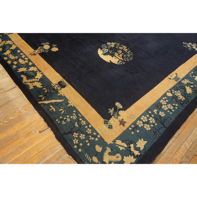Blue Ivory Beige Cream White Hand Knotted Pile Wool 1920s Antique Rectangle Rug, Circa Date: 1920s. This magnificent...