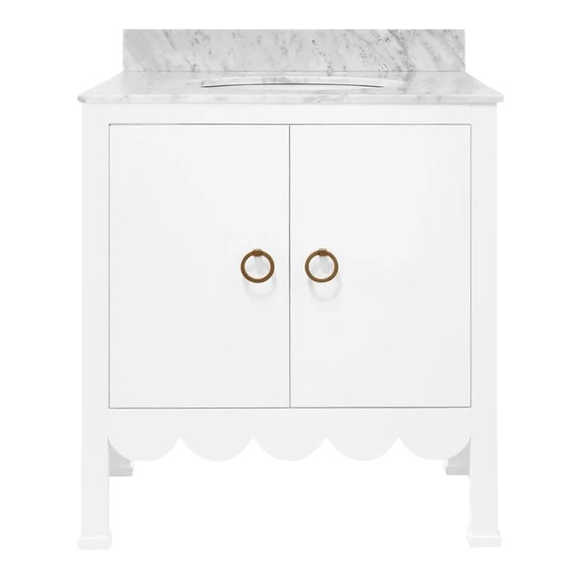 Matthew Izzo Home Kealey Matte White Lacquer, Two Door, Single Sink Bathroom Vanity - Carrara Marble Top, Porcelain Sink, Brass Hardware For Sale