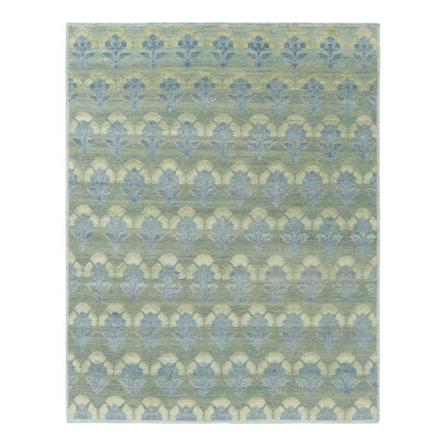 Rug & Kilim’s Custom Block Print Rug Design with Blue and Green Floral Pattern - 4x6 For Sale