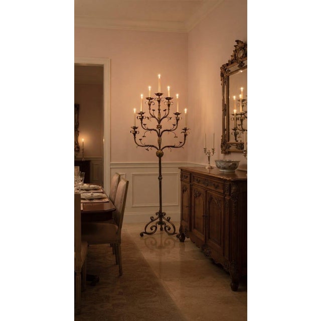 Vintage Florentine Style Gilt Wrought Iron Floor Candelabra For Sale - Image 9 of 12
