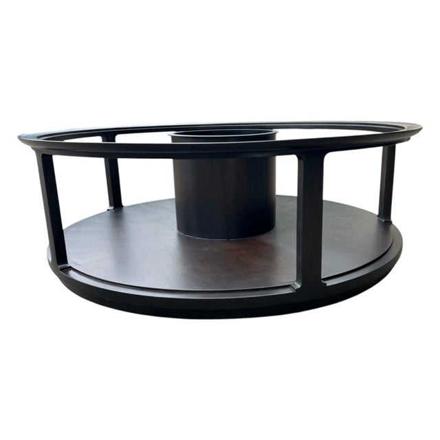 Dunbar Round Mahogany Coffee Table – Ebonized Finish, Glass Top, Casters For Sale - Image 14 of 16