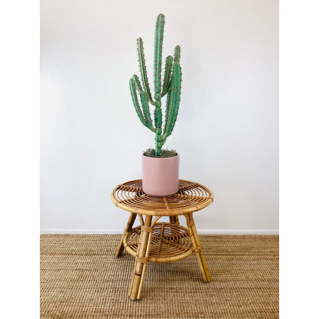 Vintage 1960s Rattan Table Made of natural rattan round top bottom shelf in the style of Tito Angoli great vintage...