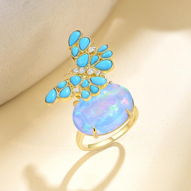Contemporary Nina Zhou 10.6ctw Turquoise Diamond Butterfly on Opal Ring (One of a Kind) For Sale - Image 3 of 4