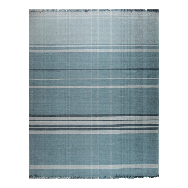 8x10 Opulent Majestic Blue Geometric Modern Flatweave Wool Carpet Rug For Sale