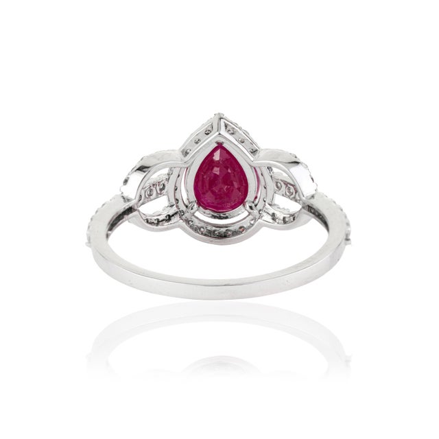 Natural 1.4ct Ruby & Diamond Halo Cocktail Ring Size 5.5 in 14k White Gold For Sale - Image 9 of 16