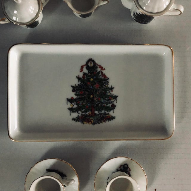 Vintage 10 pieces with Christmas tree decoration miniature tea set includes ( Tray 8.5" L X 5"W, lidded tea pot 3" H,...