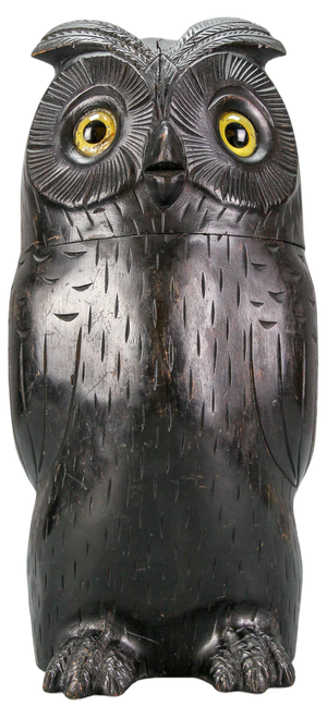 Black Forest Wooden Carved Trinket Box in Owl Shape, 1920s