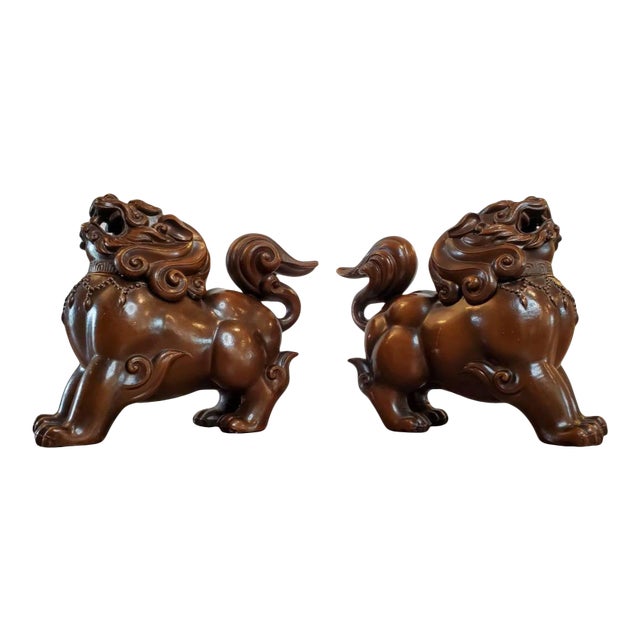 Japanese Bronze Signed Foo Dog Incense Burner - a Pair For Sale