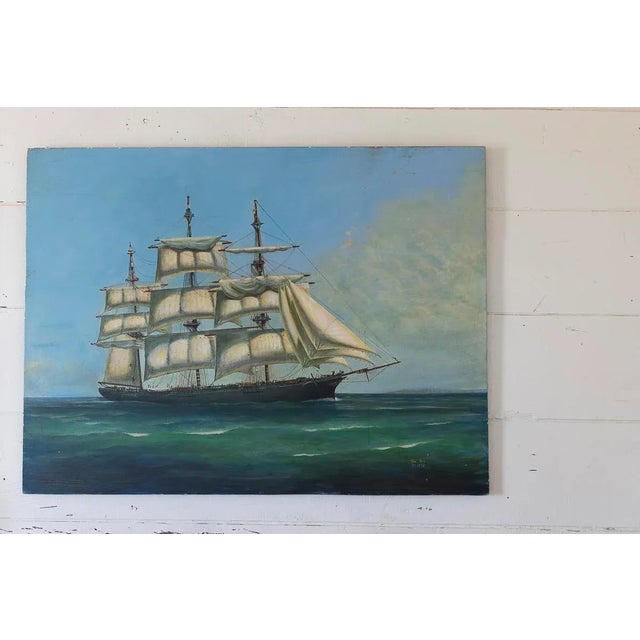 Sky Blue Vintage Nautical Ship Painting, 1978 — Oil on Masonite Board, 30x40 For Sale - Image 8 of 13