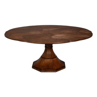 Transitional Round Dining Table, Medium - Warm Brown Oak With Faceted Pedestal Base For Sale
