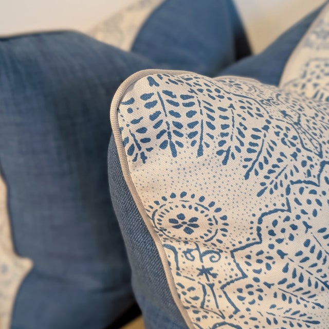 Sister Parish Appleton print in water blue, with cream samuel and sons cord and coordinating blue linen backs. Invisible...