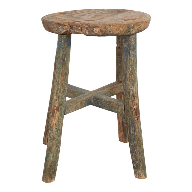 Antique Rustic Round Top Stool For Sale