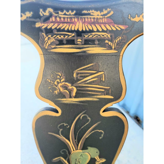 1970s Hollywood Regency Hand Painted Chinoiserie Black Birds Scene Queen Anne Side Arm Chairs-a Pair For Sale - Image 10 of 13