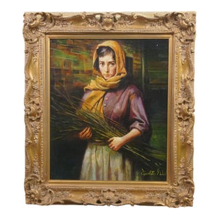 Late 20th Century Woman Gathering Twigs Portrait Oil Painting on Linen After Morgan Weistling 32" For Sale