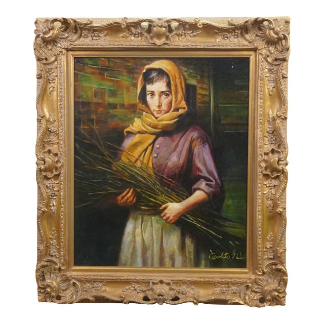 Late 20th Century Woman Gathering Twigs Portrait Oil Painting on Linen After Morgan Weistling 32" For Sale