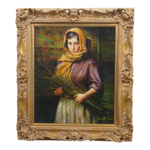 Late 20th Century Woman Gathering Twigs Portrait Oil Painting on Linen After Morgan Weistling 32"